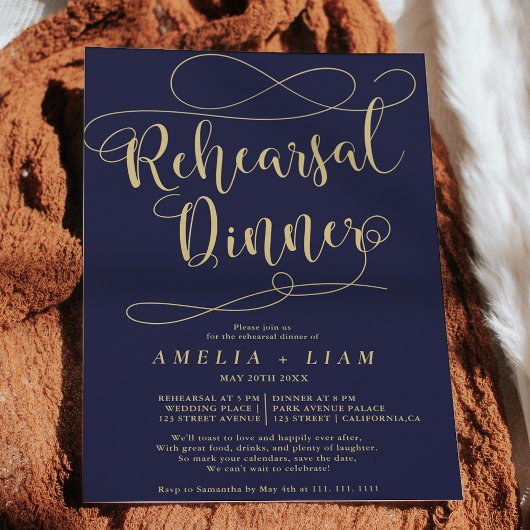 Invitation Chic marine bleu or calligraphie dîner de répétiti