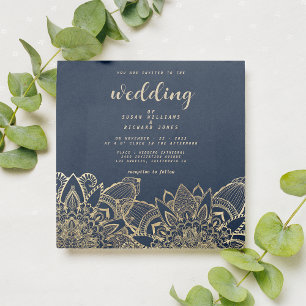Invitation Chic Marine bleu or script mariage de mandala flor
