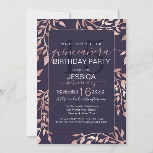 Invitation Chic Marine Bleu Rose Or Floral Feuilles Quinceañe (Devant)