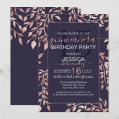 Invitation Chic Marine Bleu Rose Or Floral Feuilles Quinceañe (Devant / Derrière)