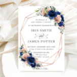 Invitation Chic Marine Rose Gold Blush Floral Mariage géométr<br><div class="desc">Cette faire-part de mariage chic est ornée d'un cadre géométrique rose en parties scintillant dorée, orné d'une aquarelle rustique bleu marine, de fleurs roses et de feuillage vert. Personnalisez-le avec vos détails facilement et rapidement, appuyez simplement sur le bouton customiser pour réorganiser et formater le style et le placement du...</div>