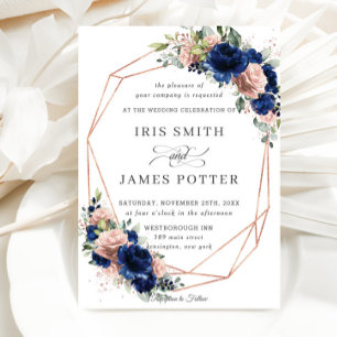 Invitation Chic Marine Rose Gold Blush Floral Mariage géométr