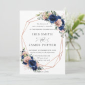 Invitation Chic Marine Rose Gold Blush Floral Mariage géométr (Debout devant)