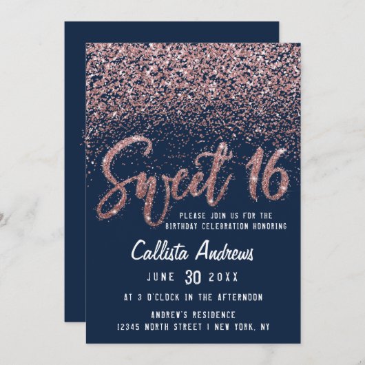Invitation Chic Marine Rose Gold Scattered Parties scintillan (Devant / Derrière)