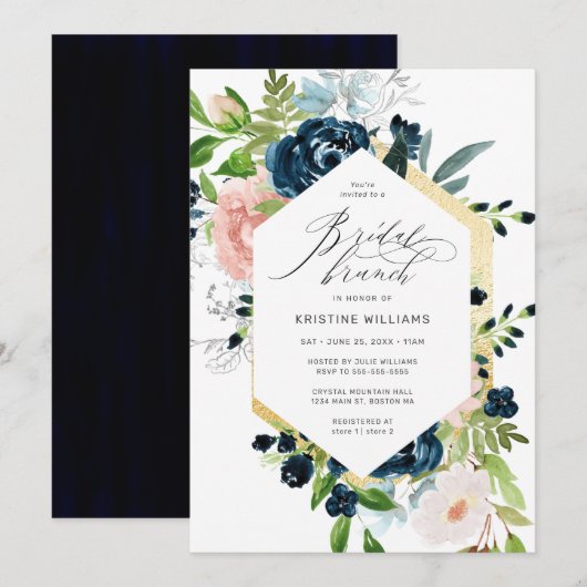 Invitation Chic Marine Rose Rose rose Floral Bridal Brunch (Devant / Derrière)