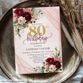Invitation Chic Maroon Blush Gold Roses 80e anniversaire Invi