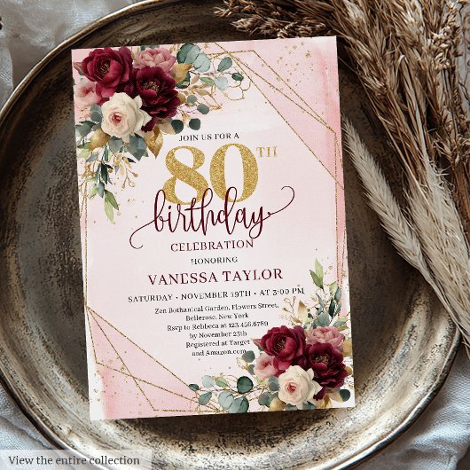 Invitation Chic Maroon Blush Gold Roses 80e anniversaire Invi