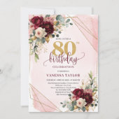 Invitation Chic Maroon Blush Gold Roses 80e anniversaire Invi (Devant)