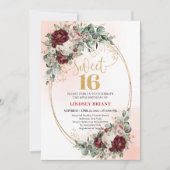 Invitation Chic Maroon Floral Gold Sweet 16 Birthday Invite (Devant)
