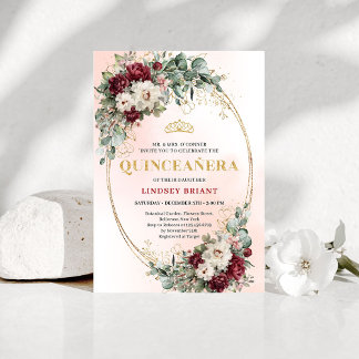 Invitation Chic Maroon Peony Eucalyptus 15th Birthday Invite