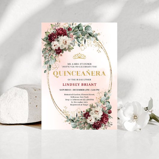 Invitation Chic Maroon Peony Eucalyptus 15th Birthday Invite