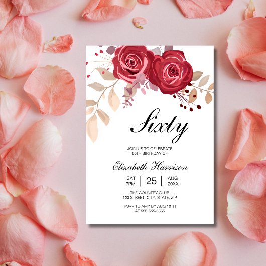 Invitation Chic Maroon Rose Jardin Floral Anniversaire