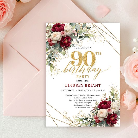 Invitation Chic Maroon White Gold Roses 90th Birthday Invite 