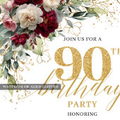 Invitation Chic Maroon White Gold Roses 90th Birthday Invite 