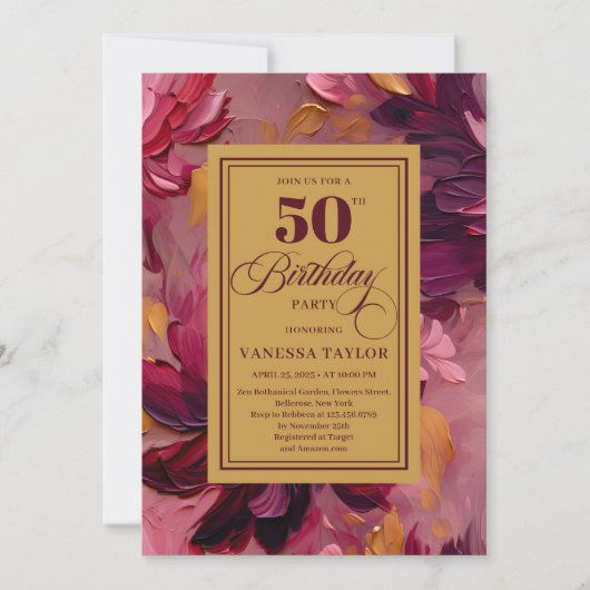 Invitation Chic marsala blush or floral 50e anniversaire (Devant)