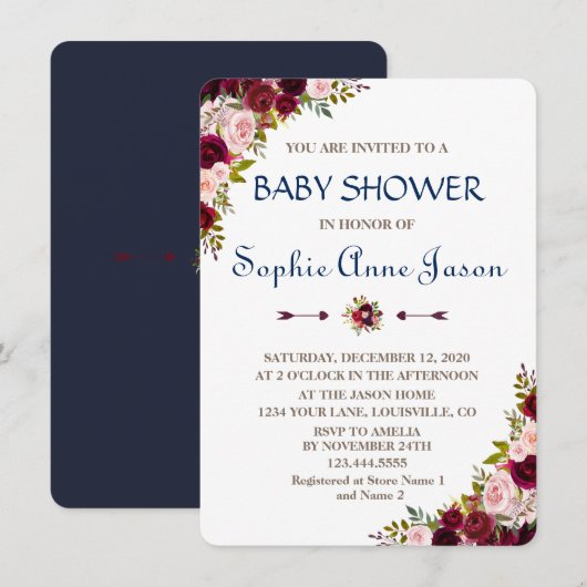 Invitation Chic Marsala Floral Automne Marine Baby shower ble (Devant / Derrière)