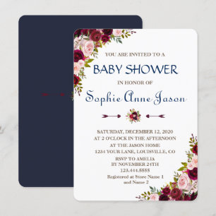 Invitation Chic Marsala Floral Automne Marine Baby shower ble