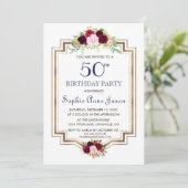Invitation Chic Marsala Floral Navy Blue Gold 50e anniversair (Debout devant)