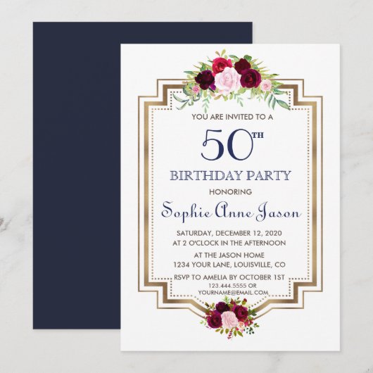 Invitation Chic Marsala Floral Navy Blue Gold 50e anniversair (Devant / Derrière)