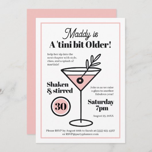 Invitation Chic Martini pour 30 ans ou tout âge (Devant / Derrière)