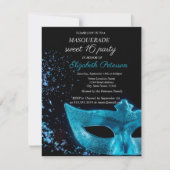 Invitation Chic Mascarade bleue Masque noir Sweet 16 (Devant)