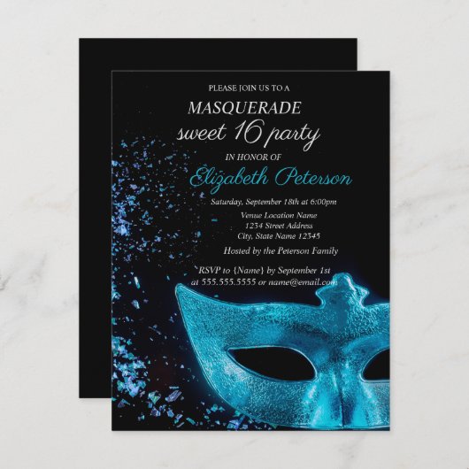 Invitation Chic Mascarade bleue Masque noir Sweet 16 (Devant / Derrière)