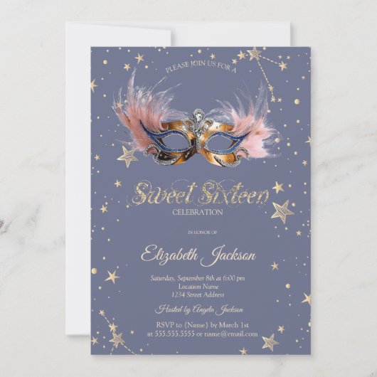 Invitation Chic Masque Stars Pastel Lavender Sweet 16 (Devant)