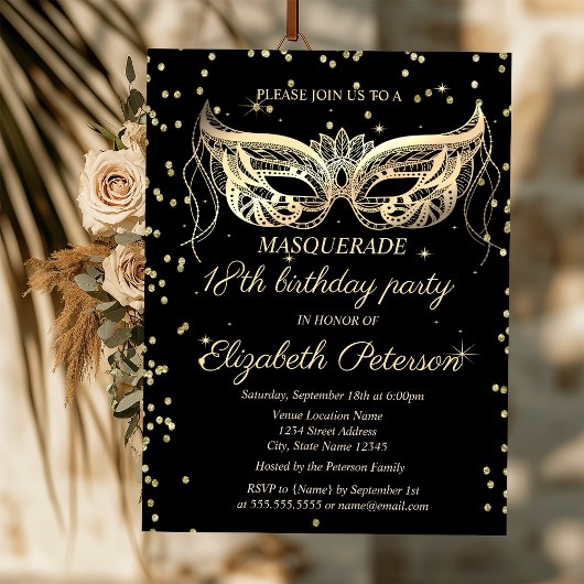 Invitation Chic Masquerade Gold Diamonds 18e anniversaire