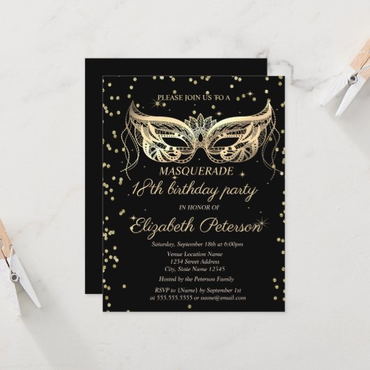 Invitation Chic Masquerade Gold Diamonds 18e anniversaire (Devant/Arrière en situation)