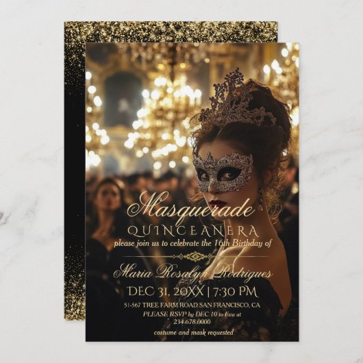 Invitation Chic Masquerade or Quinceanera Photo (Devant / Derrière)