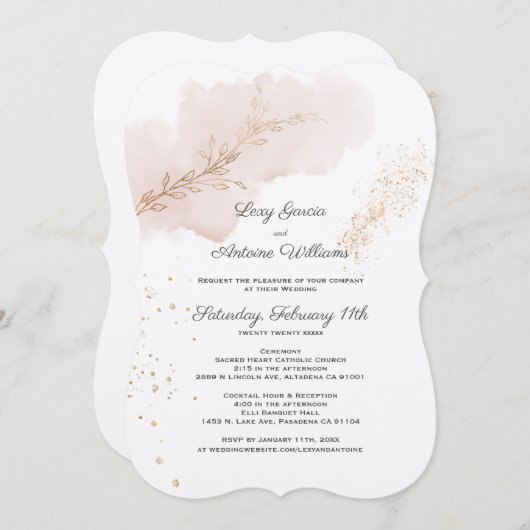 Invitation Chic Mauve Laver or Feuilles or Mariage de poussiè (Devant / Derrière)