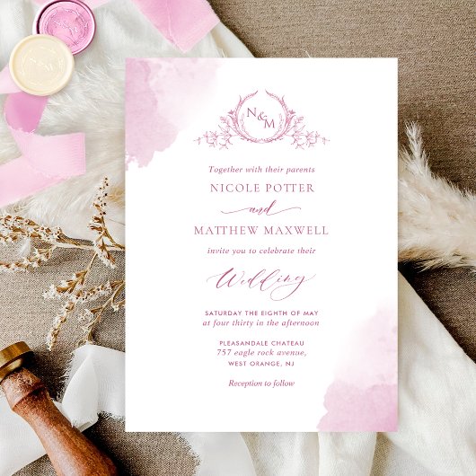 Invitation Chic Mauve rose Aquarelle Taches Monogramme Mariag