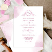 Invitation Chic Mauve rose Aquarelle Taches Monogramme Mariag