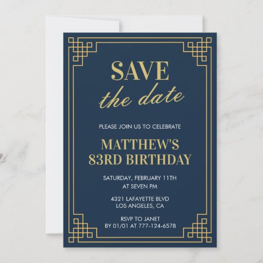 Invitation Chic Men Sauvez la date 83e anniversaire (Devant)