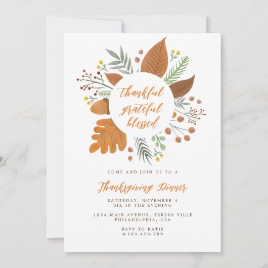 Invitation Chic Merci Grateful Dîner Thanksgiving (Devant)
