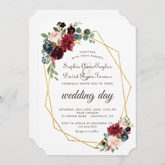 Invitation Chic Merlot Marine Blue Floral Gold Frame Mariage (Devant / Derrière)