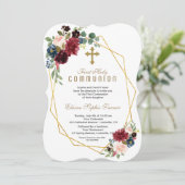 Invitation Chic Merlot Marine Floral Gold Frame Holy Communio (Debout devant)