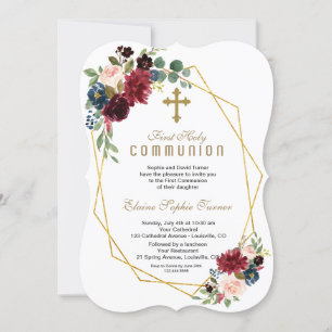 Invitation Chic Merlot Marine Floral Gold Frame Holy Communio