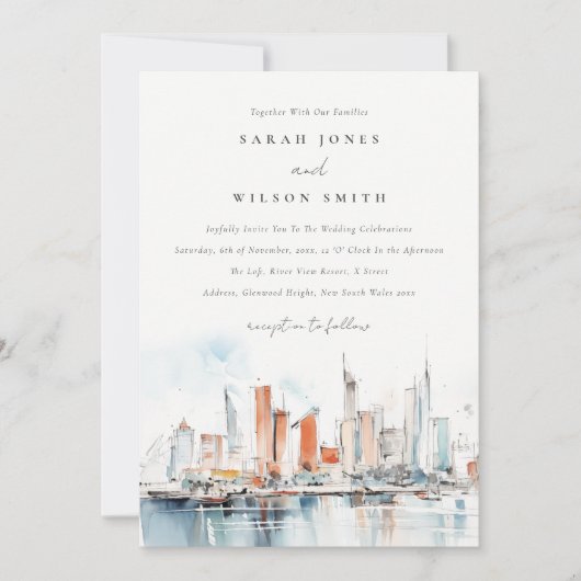 Invitation Chic Miami Floride Skyline Mariage d'aquarelle (Devant)