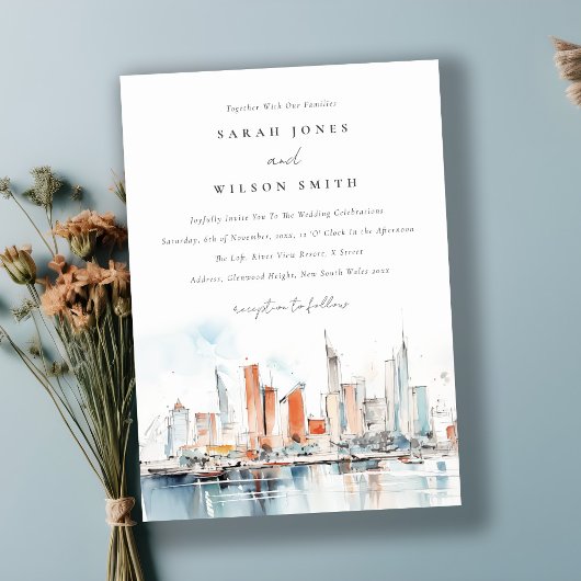 Invitation Chic Miami Floride Skyline Mariage d'aquarelle