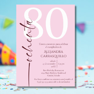 Invitation Chic Minimaliste Espagnol Rose Blanc 80ème Anniver