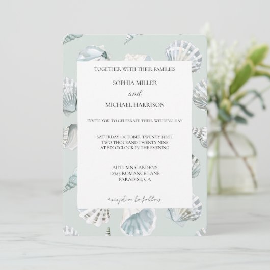Invitation Chic Mint Blue Beach Shells Wedding (Debout devant)