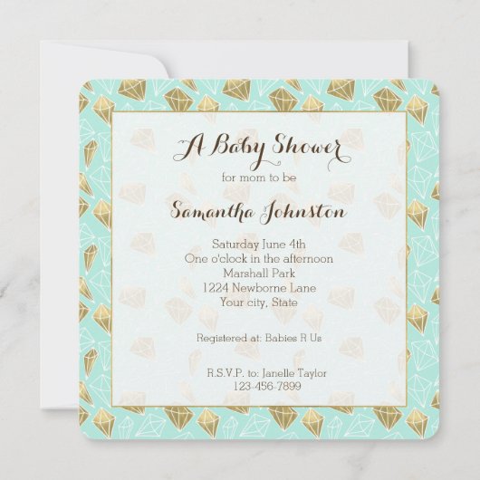Invitation Chic Mint et Gold Diamonds Baby shower (Dos)