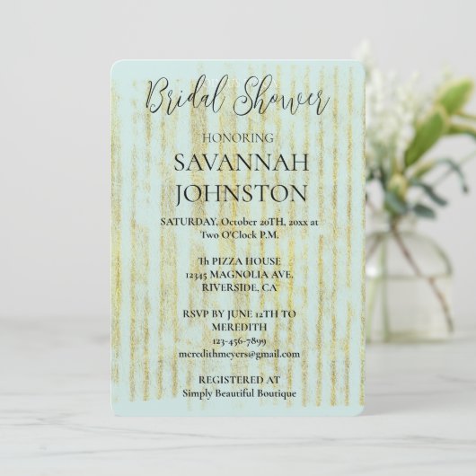 Invitation Chic Mint Glam Gold Stripes Fête des mariées (Debout devant)