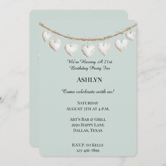 Invitation Chic Mint Green Coeurs blancs Anniversaire (Devant / Derrière)