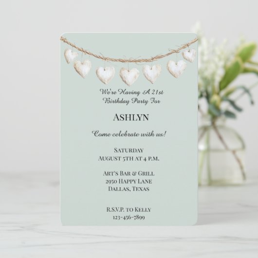 Invitation Chic Mint Green Coeurs blancs Anniversaire (Debout devant)