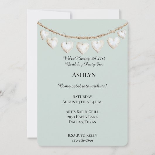 Invitation Chic Mint Green Coeurs blancs Anniversaire (Devant)
