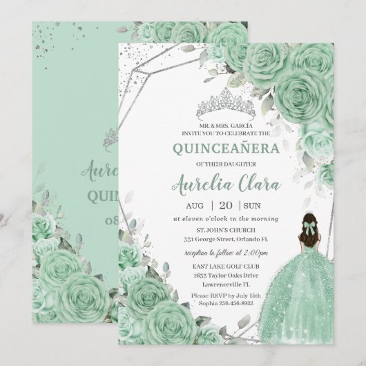 Invitation Chic Mint Green Floral Princesse Silver Quinceañer (Devant / Derrière)