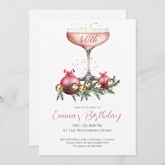 Invitation Chic Modern 40th Christmas Season Birthday Party (Devant / Derrière)