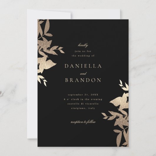 Invitation Chic Modern Botanical Faux Gold Black Mariage (Devant)